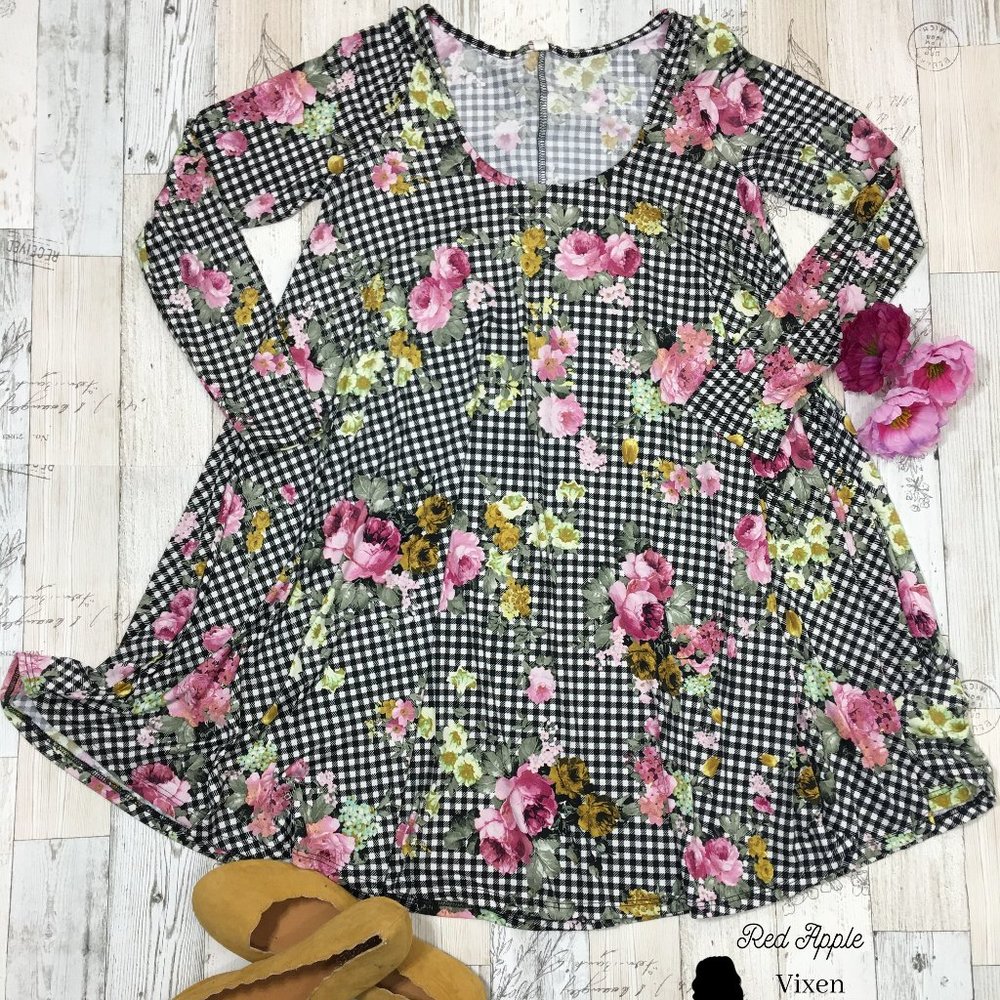 Floral checkered Baby Doll Swing Tunic Dress Size Small